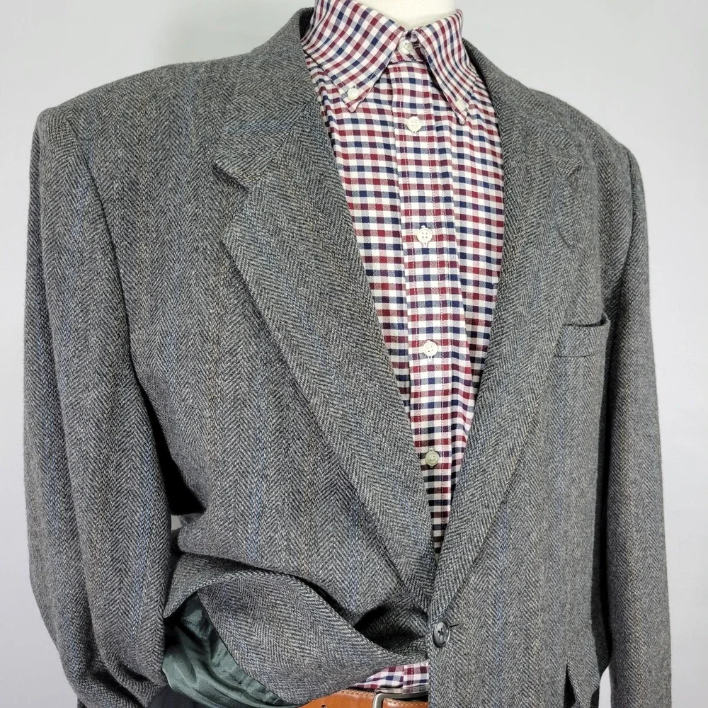 Cricketeer Men's Tweed Sport Coat Two Button Gray‎ Lambs Wool Herringbone 50R